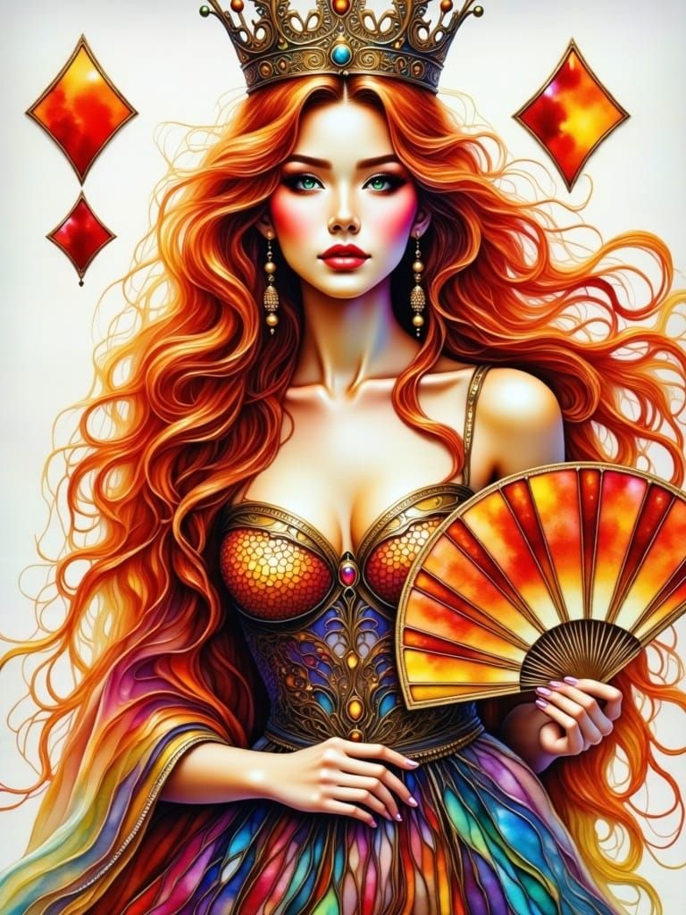 Queen of Diamonds in Watercolor Style