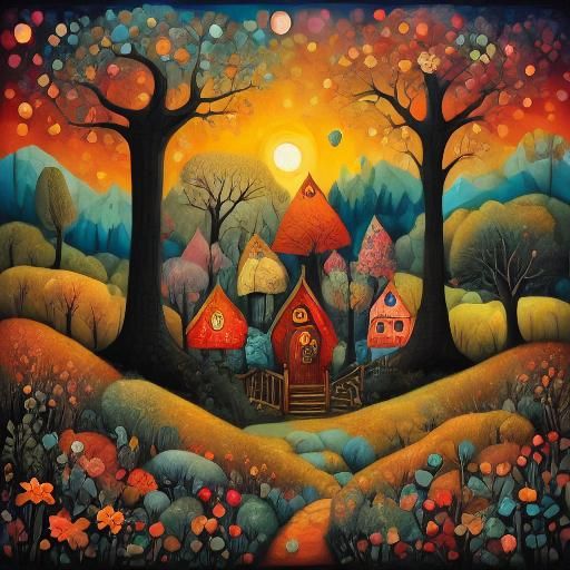 Patchwork scene of quaint, enchanting village in the hilly forest at sunset.