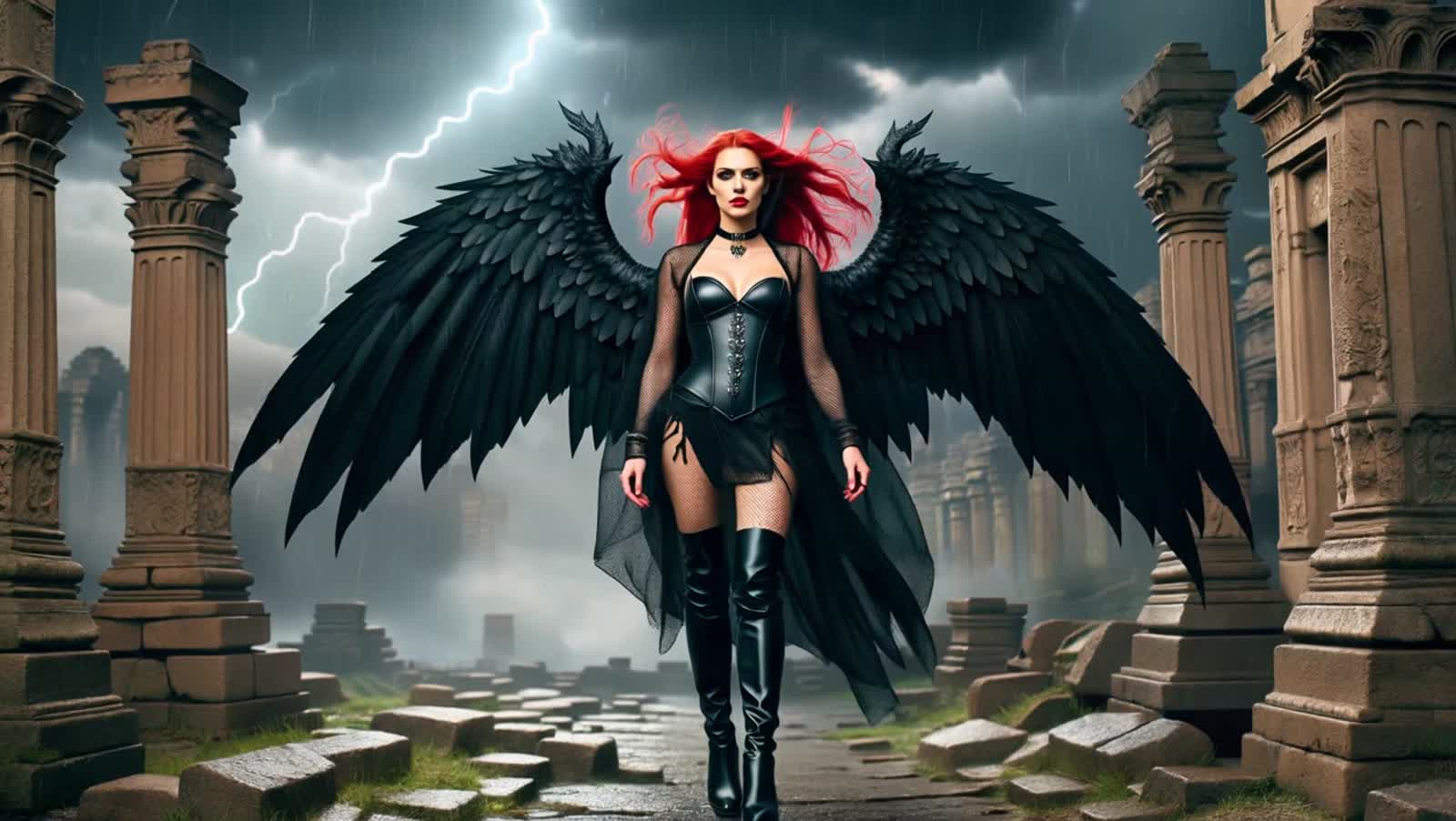 a beautiful female goddess,long flowing red hair blowing in the wind,,black outstretched wings,black eyeshadow black eye...