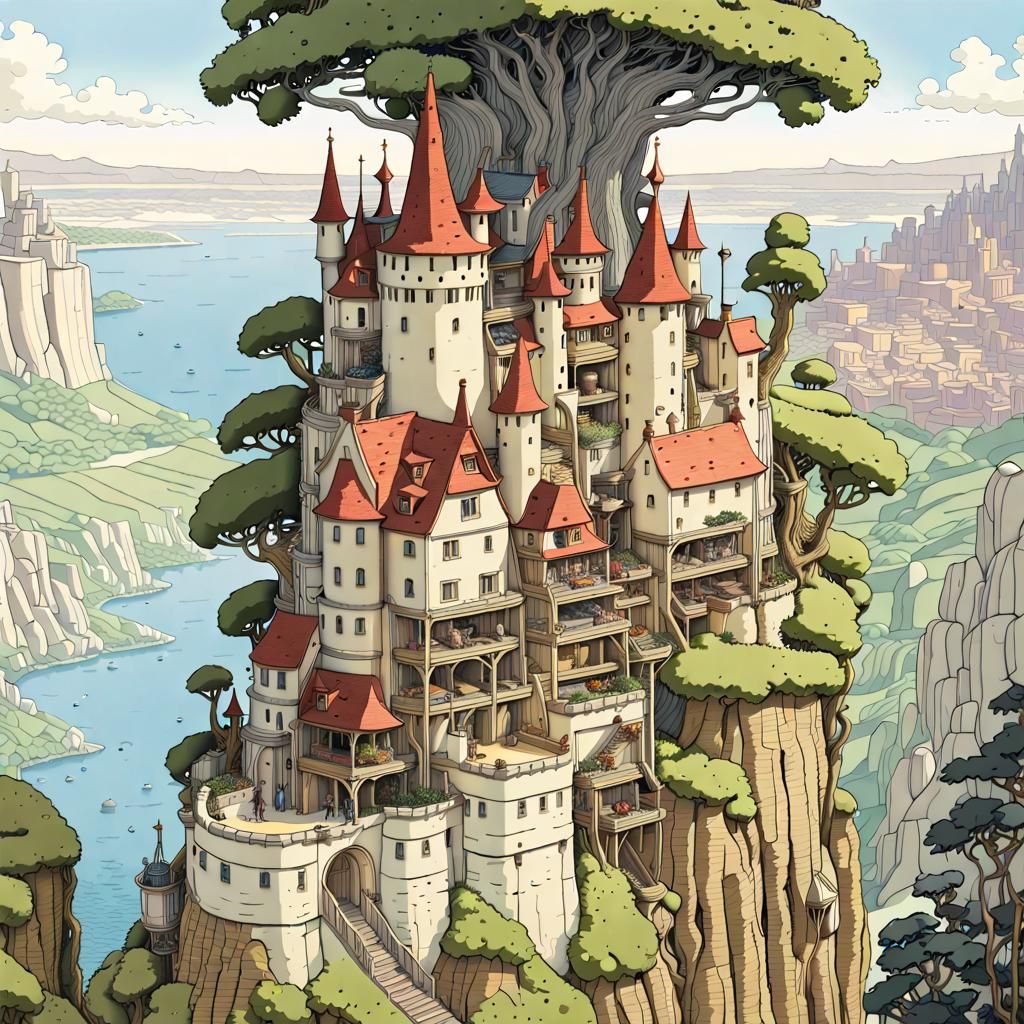 Cliffside Tree Castle Town in Cel-Shaded Style