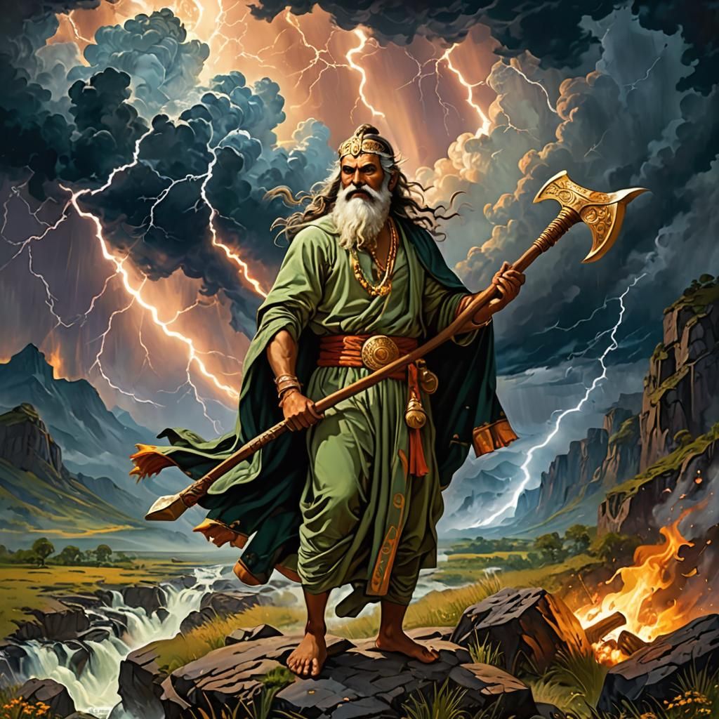 Parshuram, the axe wielding sage, stands resolutely amidst a terrible lightning storm.