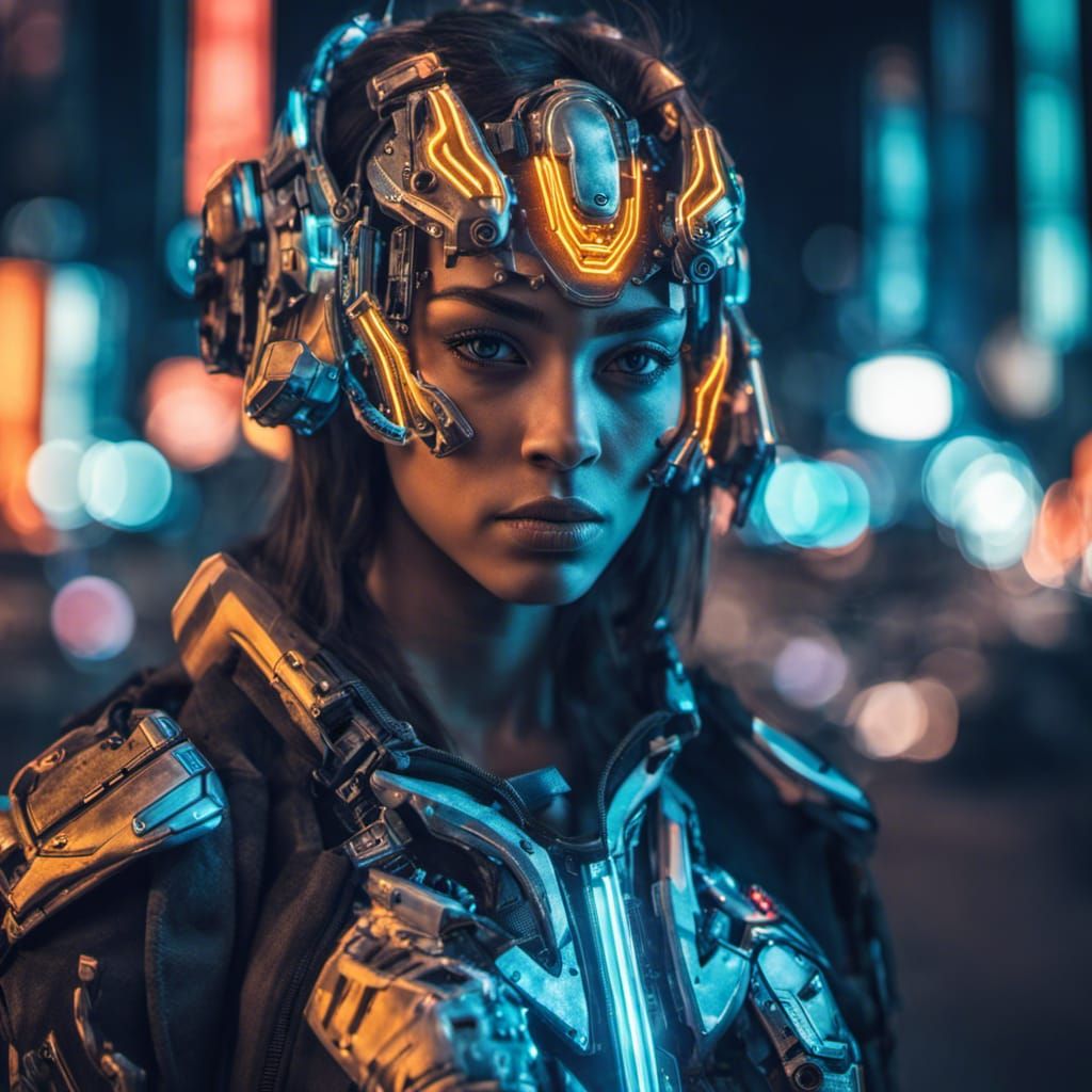 Portrait of a cyborg girl wearing futuristic face armor in a...