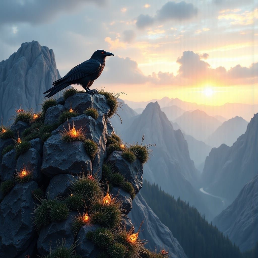 Raven’s Roost - A rugged mountain perch where ravens nest, offering an expansive view and a high, protected camping spot. <lora:Wisps of Glo...