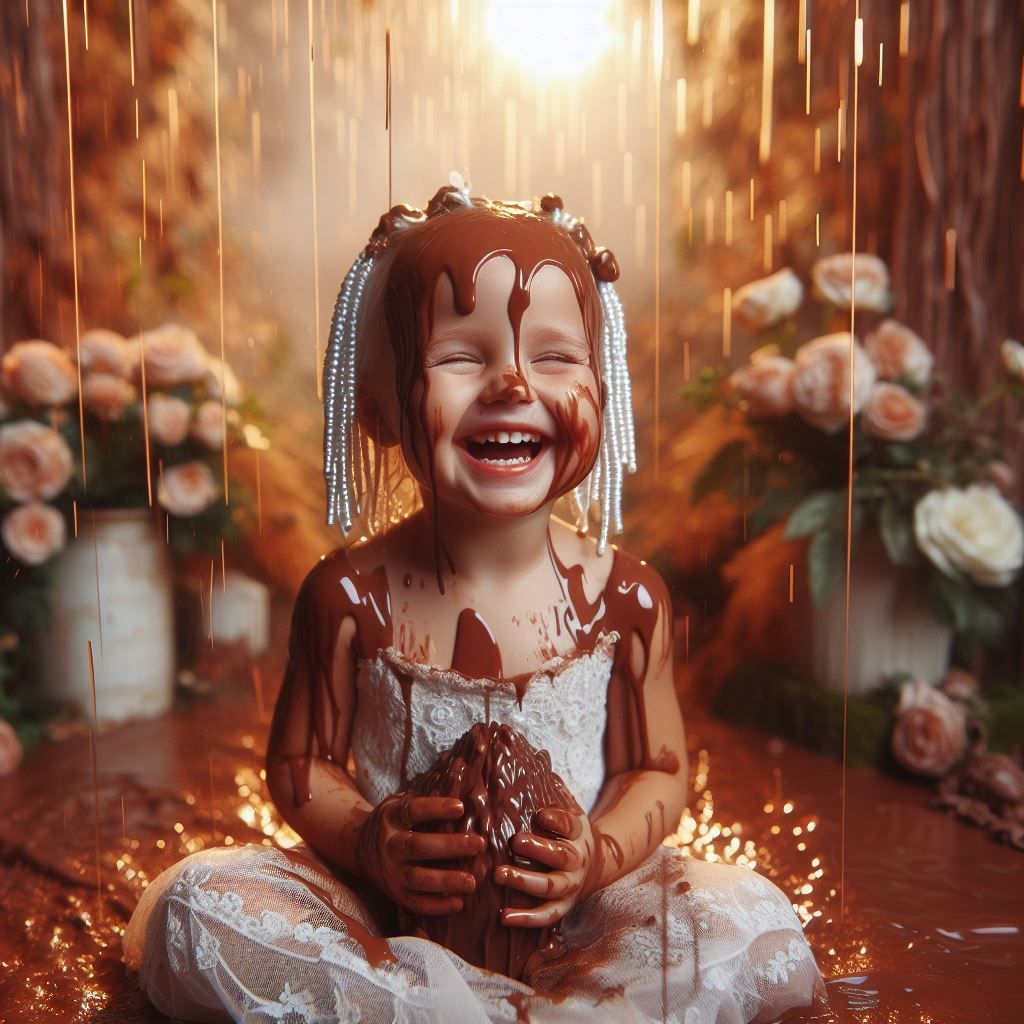 Joyful toddler covered in chocolate..