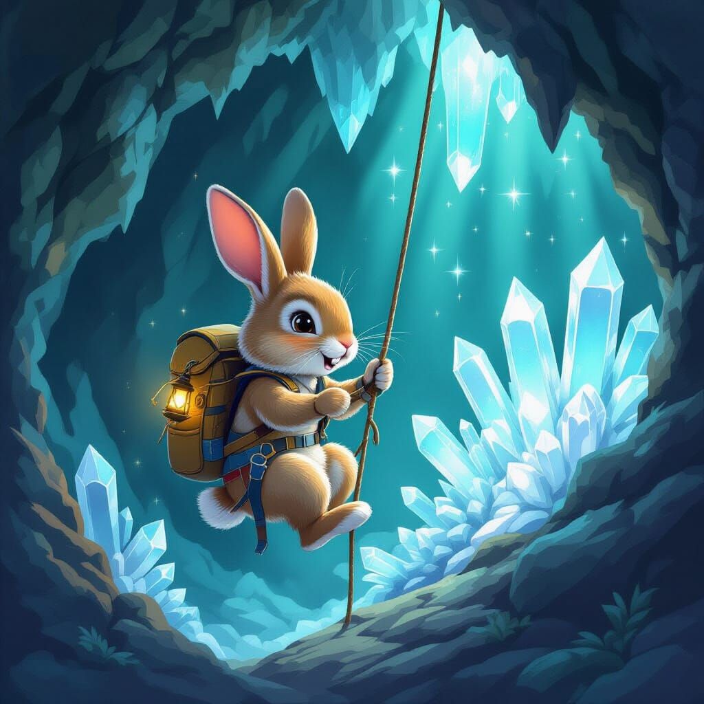 A brave rabbit adventurer, equipped with a miniature backpack and a determined expression, rappels down a cavern wall towards a shimmering c...