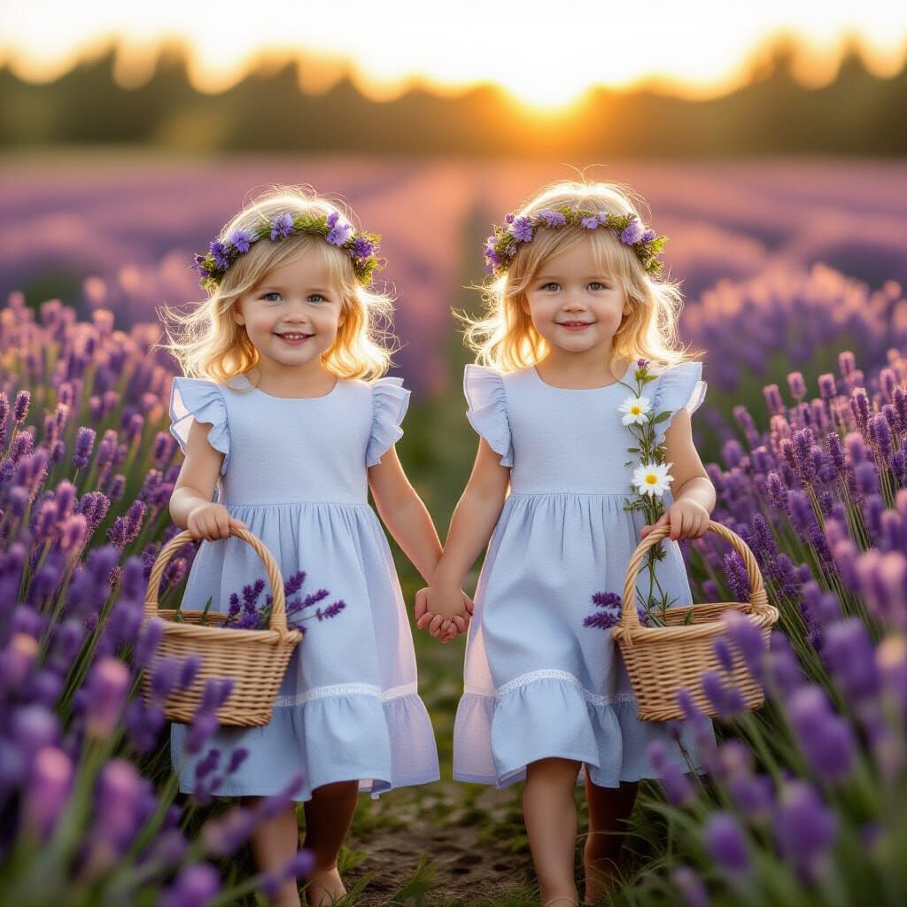 Twin Girls in Lavender Field at Golden Hour