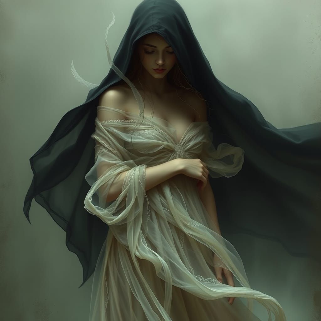A whispy ghostly cloaked dark figure, the sheer gown flows a...