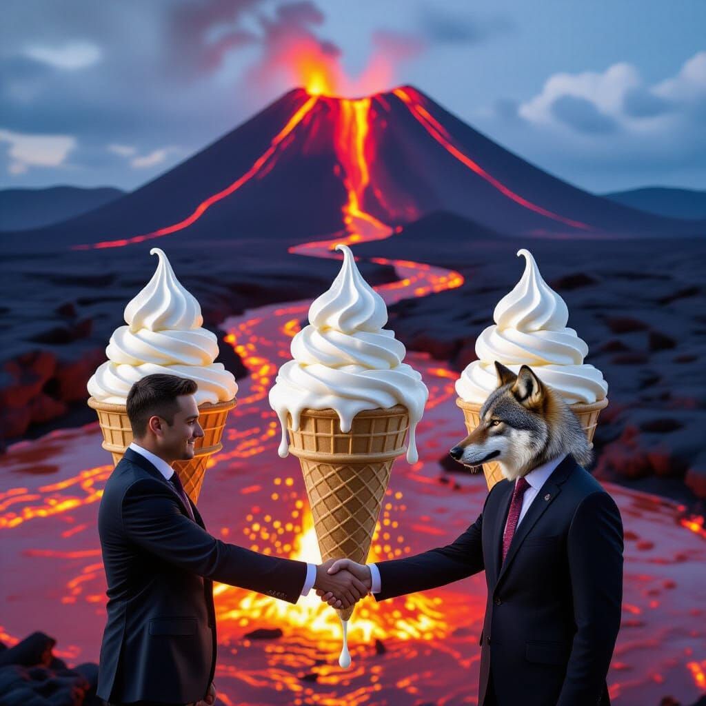 Surreal Volcanic Landscape with Melting Ice Cream