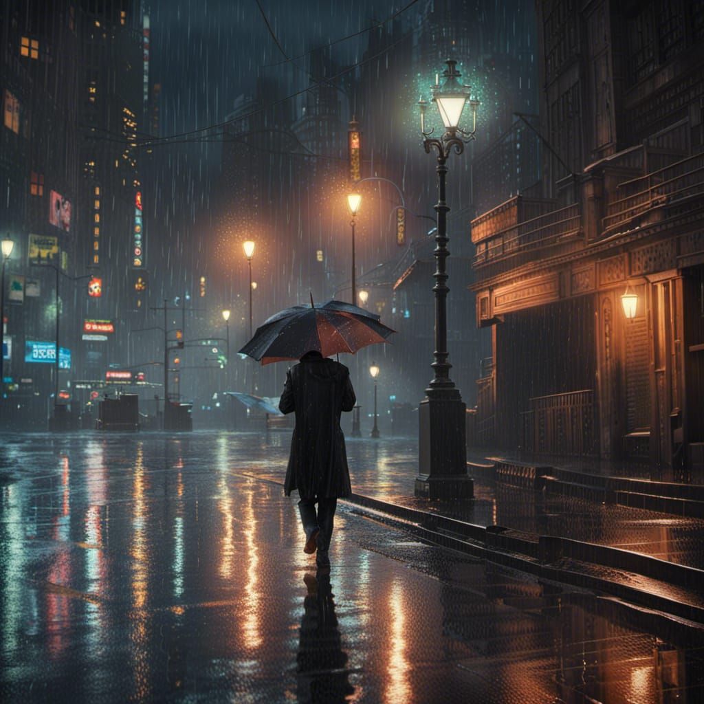 Solitary figure on a wet raining city street at night - AI Generated ...