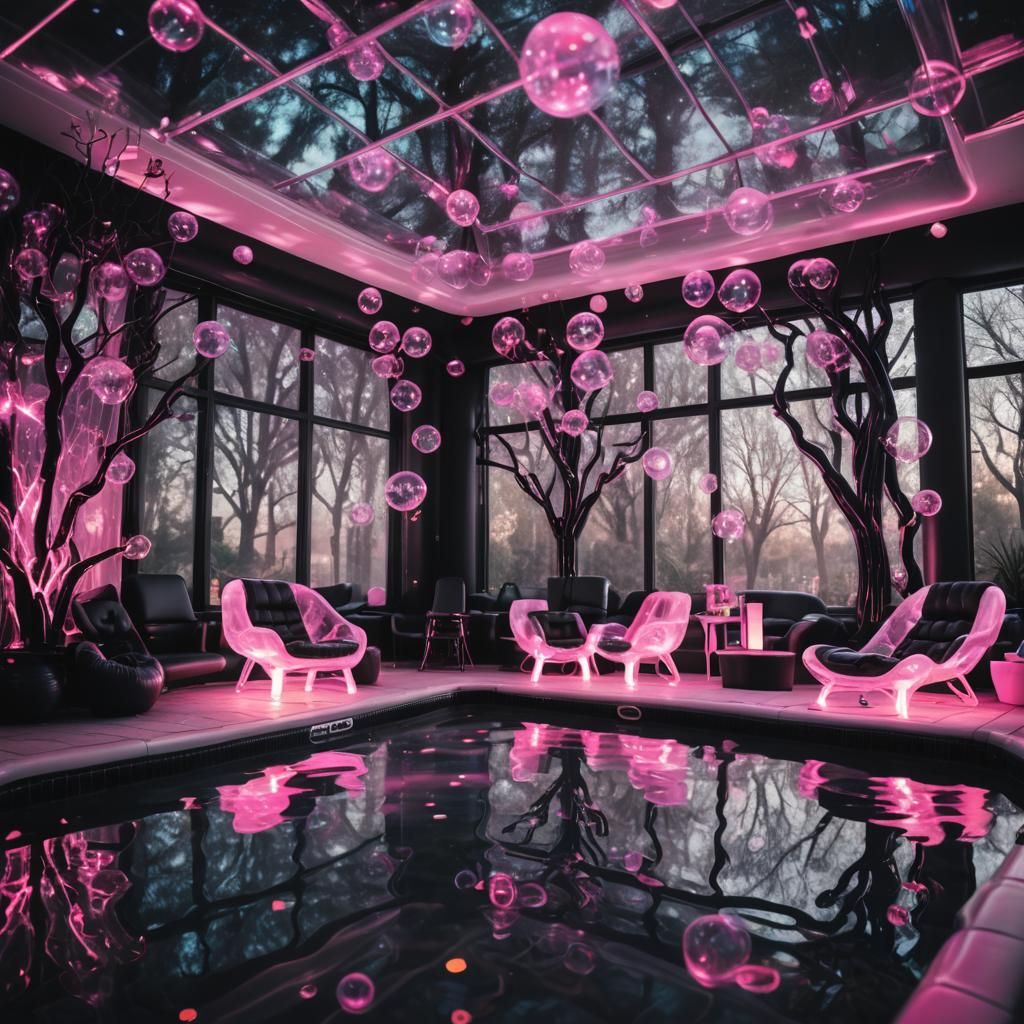 Retro Indoor Pool with Inflatable Furniture in Neon Lighting
