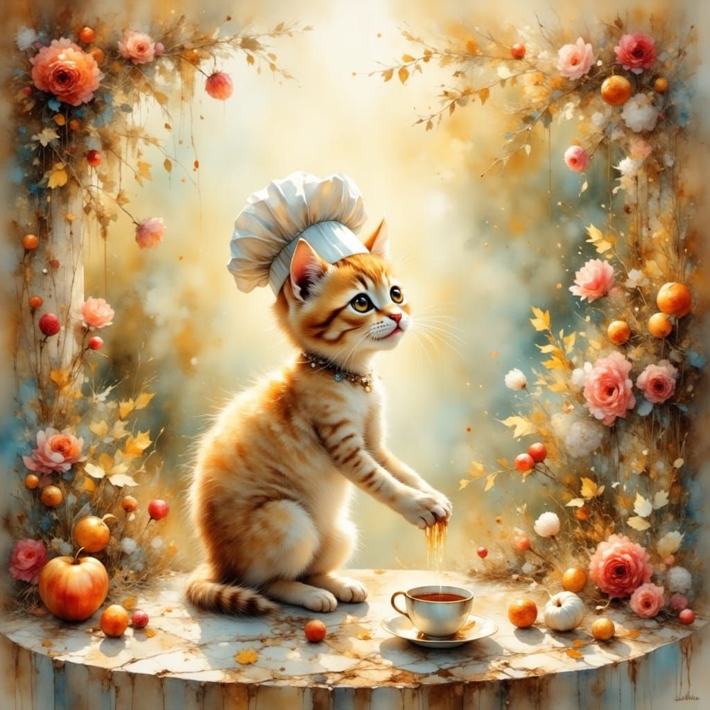 <lora:EtherealVisionsFlux:1.0> <lora:Flux - Painterly:1.0> A miniature kitten, no bigger than a teacup, wearing a tiny chef's hat, stands on...