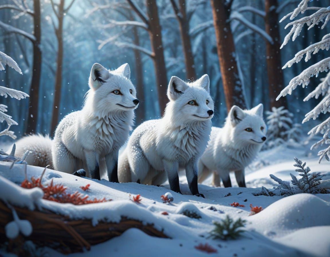 Vibrant Arctic Foxes Play in Winter Wonderland Cinematic Sce...