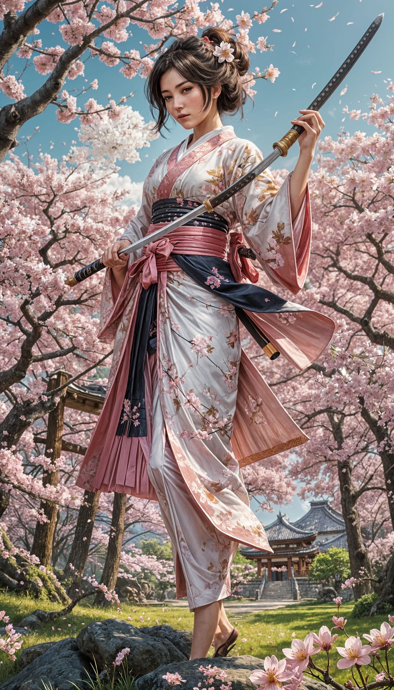 Hyper-realistic digital art. Long shot. A beautiful samurai woman ...