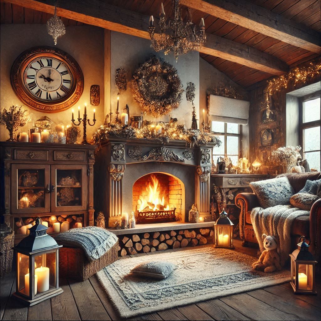 Cozy winter fireplace