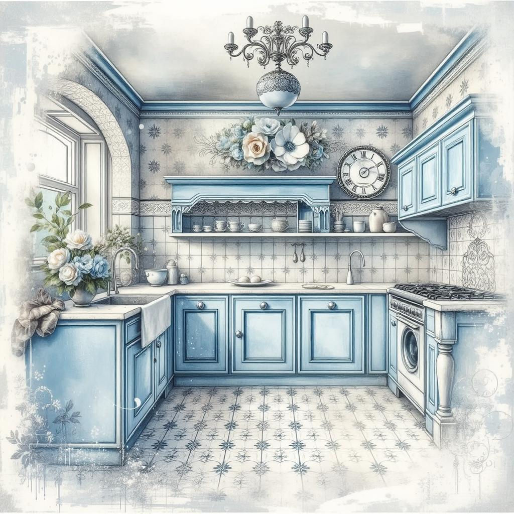 Beautiful White & Blue Kitchen Layout.