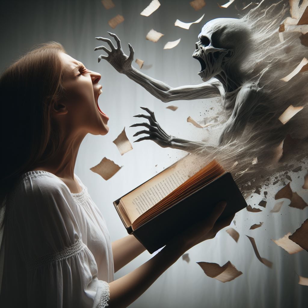 evil spirit of cursed book attacking person