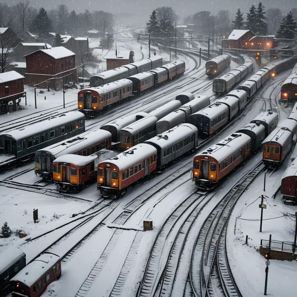 snow-covered train cars at a dead-end station snowfall, bliz...