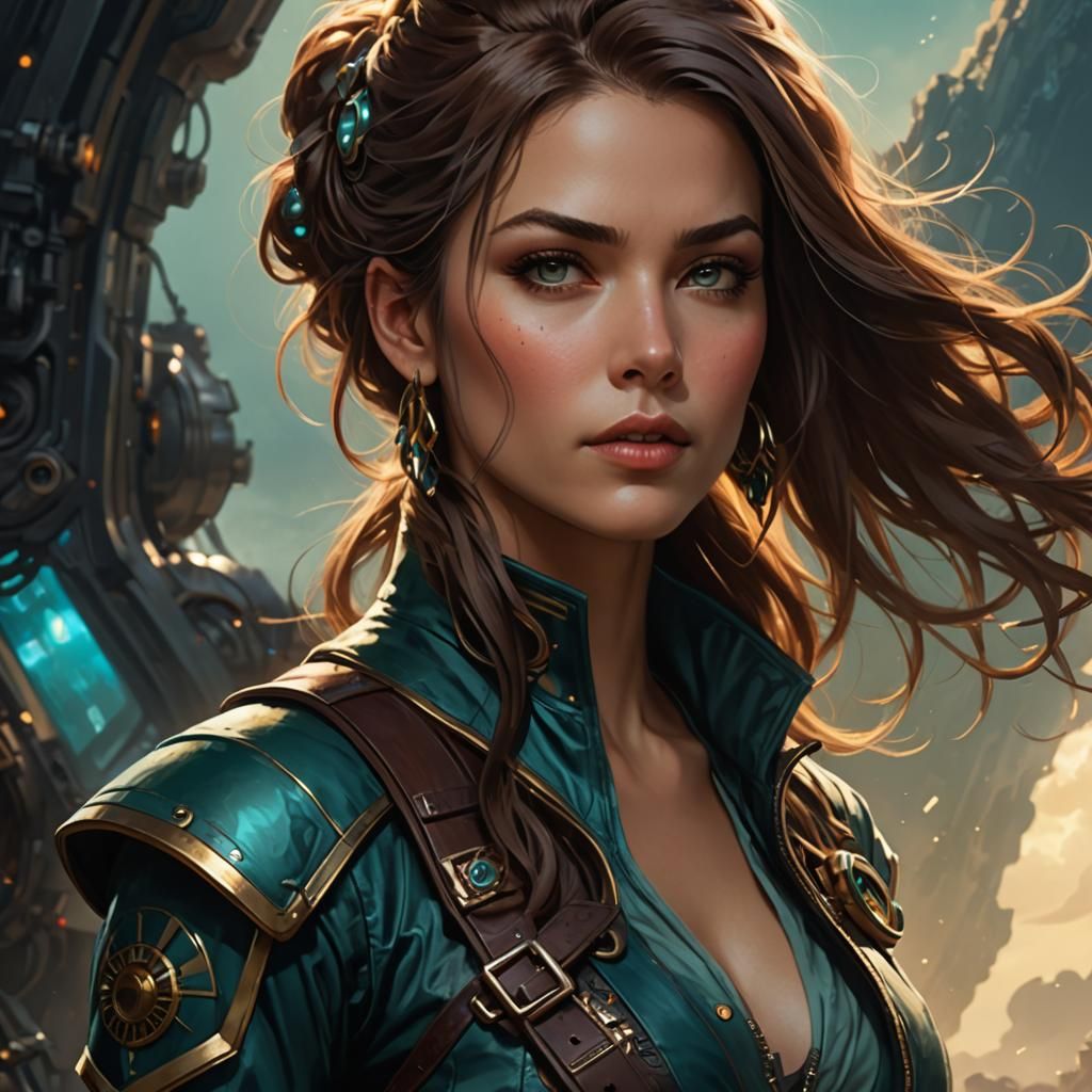 High sci-fi attractive female space Pirate, teal vest, flowi...