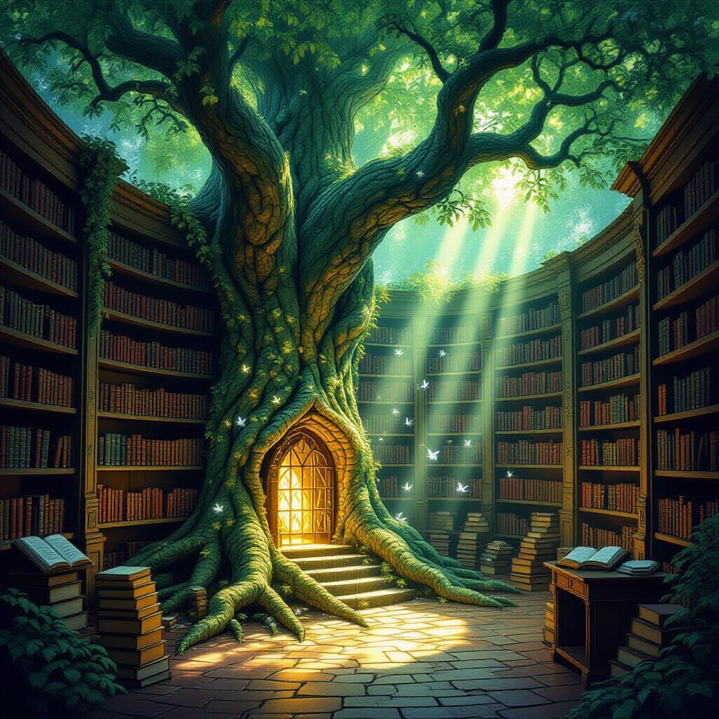 A hidden library nestled within the roots of an ancient, glowing tree. Sunlight filters through the dense canopy, illuminating dust motes da...