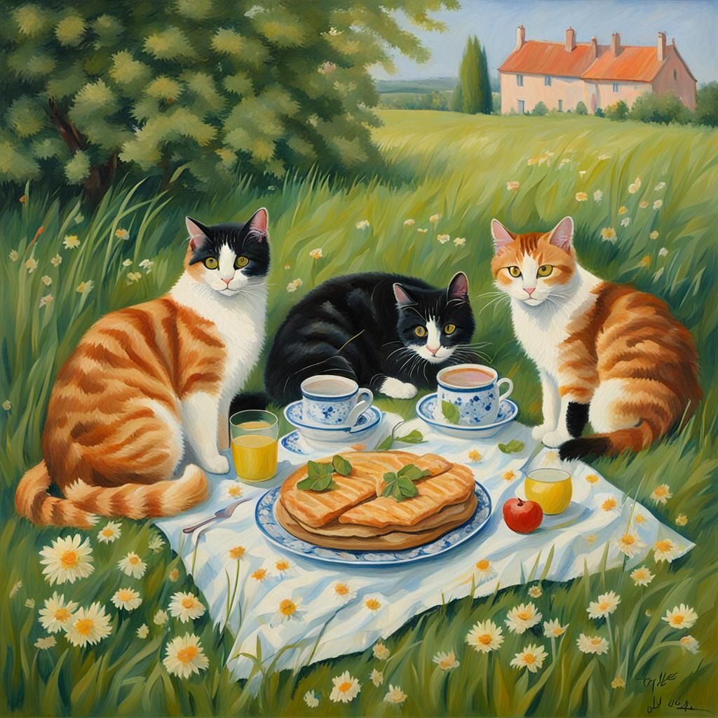 "TLe Déjeuner sur l’herbe" painting but as cats