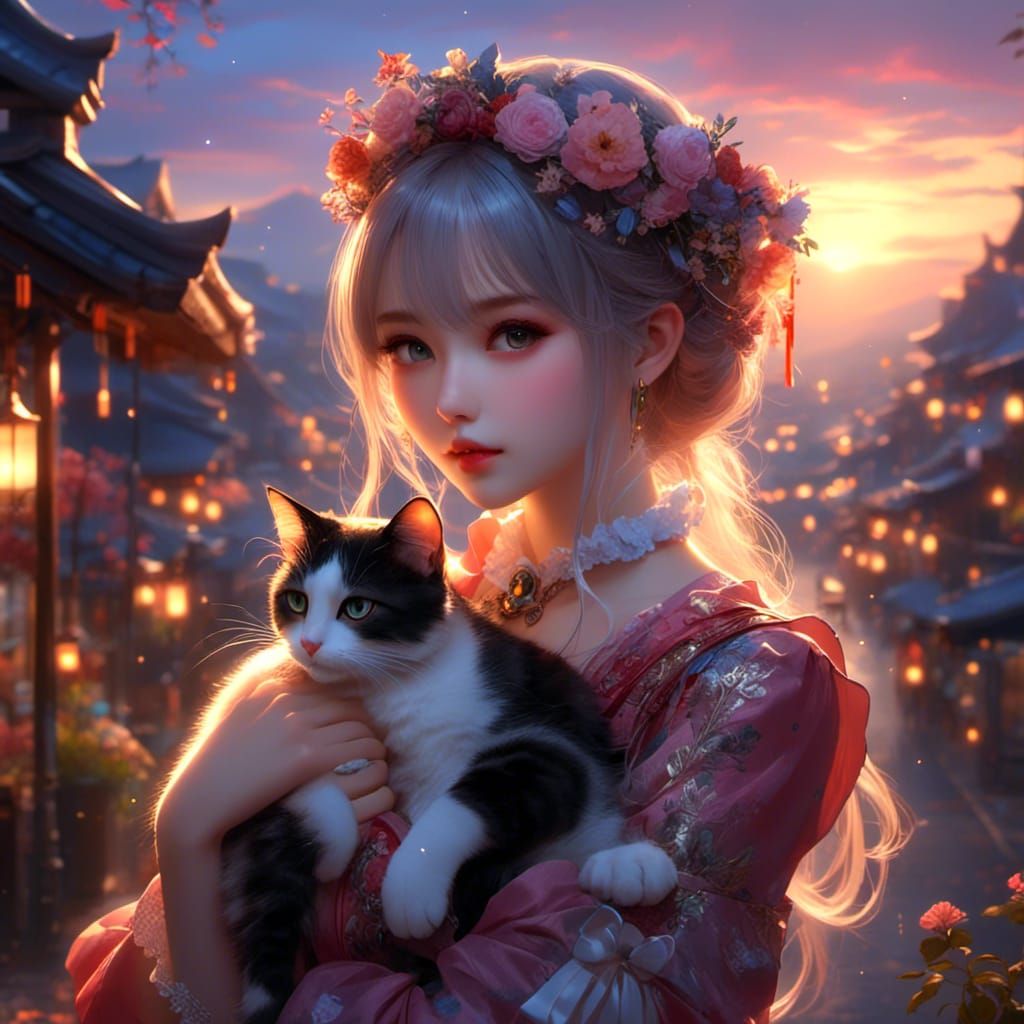 <lora:Anime Art:1.0> pretty girl with her cute cat in her arms. Mystical scene, ethereal, glow, beautiful sunset. By artist "anime", 3d anim...