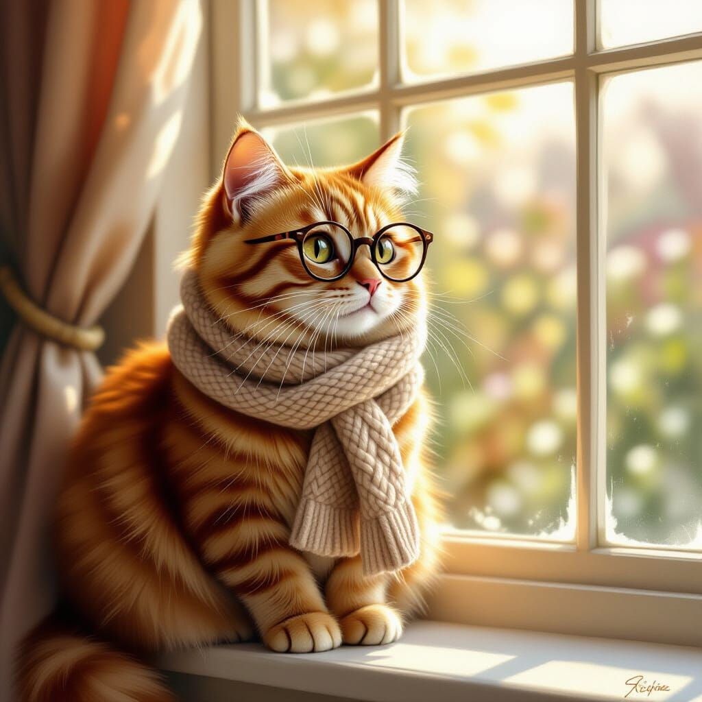 Ginger Cat in Glasses and Scarf on Windowsill