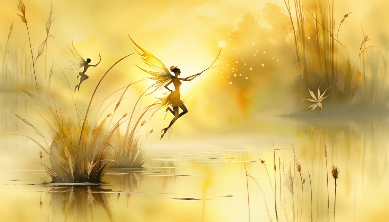 delicate pixies and fairies playing and flying among lake re...