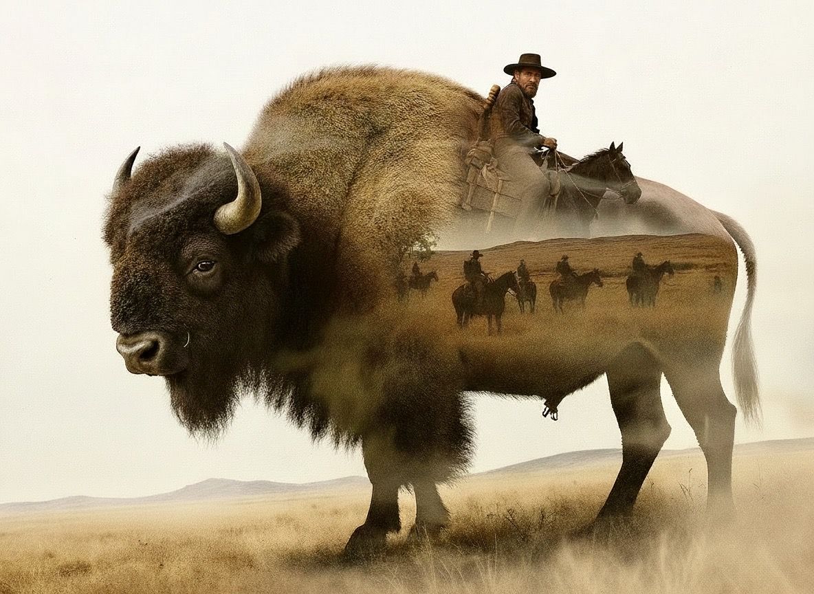 Digital Double Exposure Bison and Cowboys riding on Horses