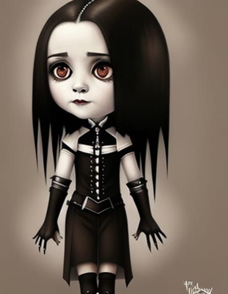 Chibi Gothic Wednesday Addams in Cemetery