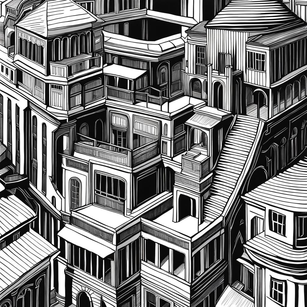 black and white line art drawing of a (((building illustration by Escher))) . Line art style on a white ...  by @EllisWhite