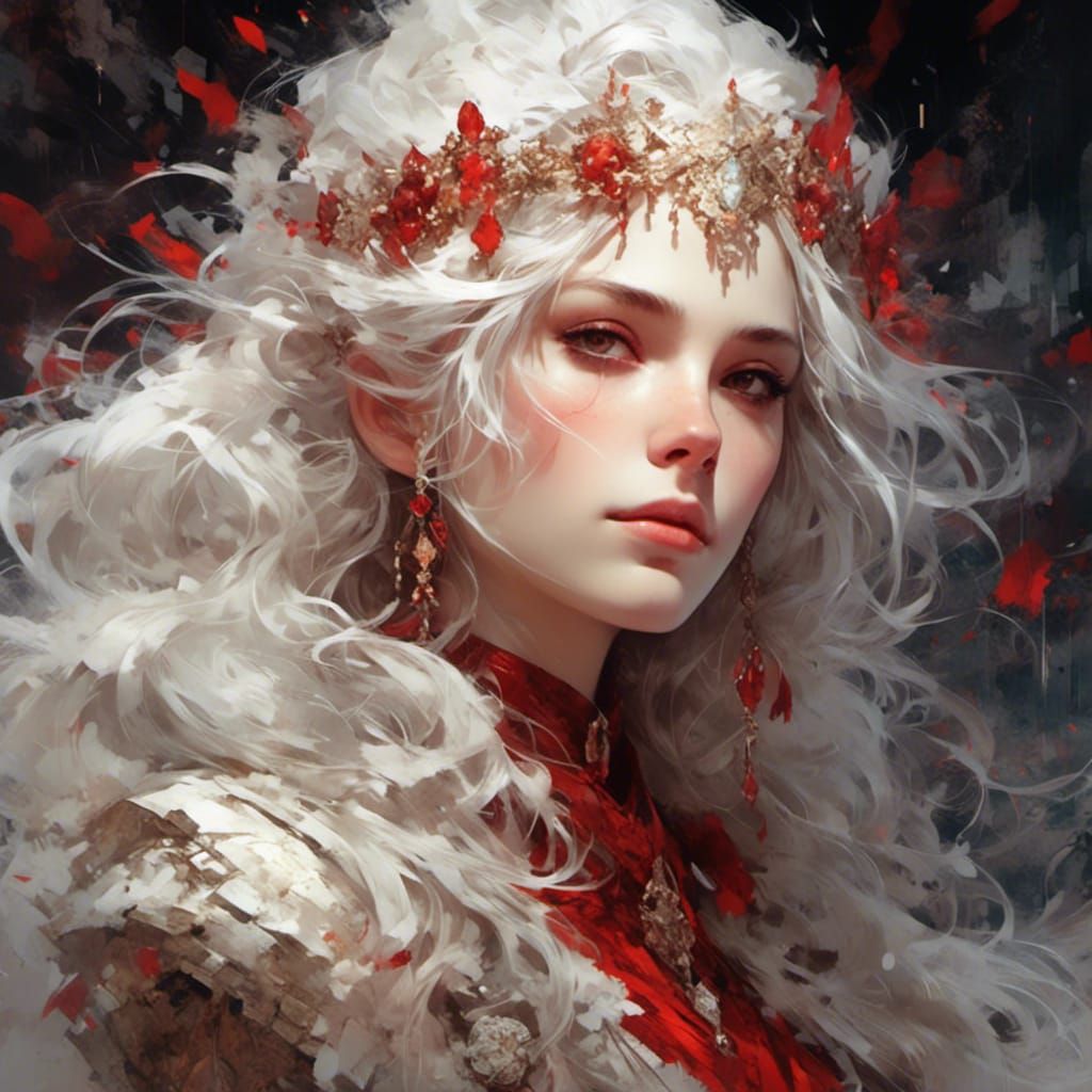 <lora:Moody Ornaments:1.3> head and shoulder, Woman, white hair, elegant face, Raw gemstone, crimson red gemstone, a masterpiece, 8k resolut...