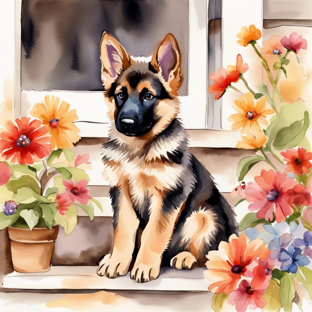 Little german shepherd puppy sitting on a porch