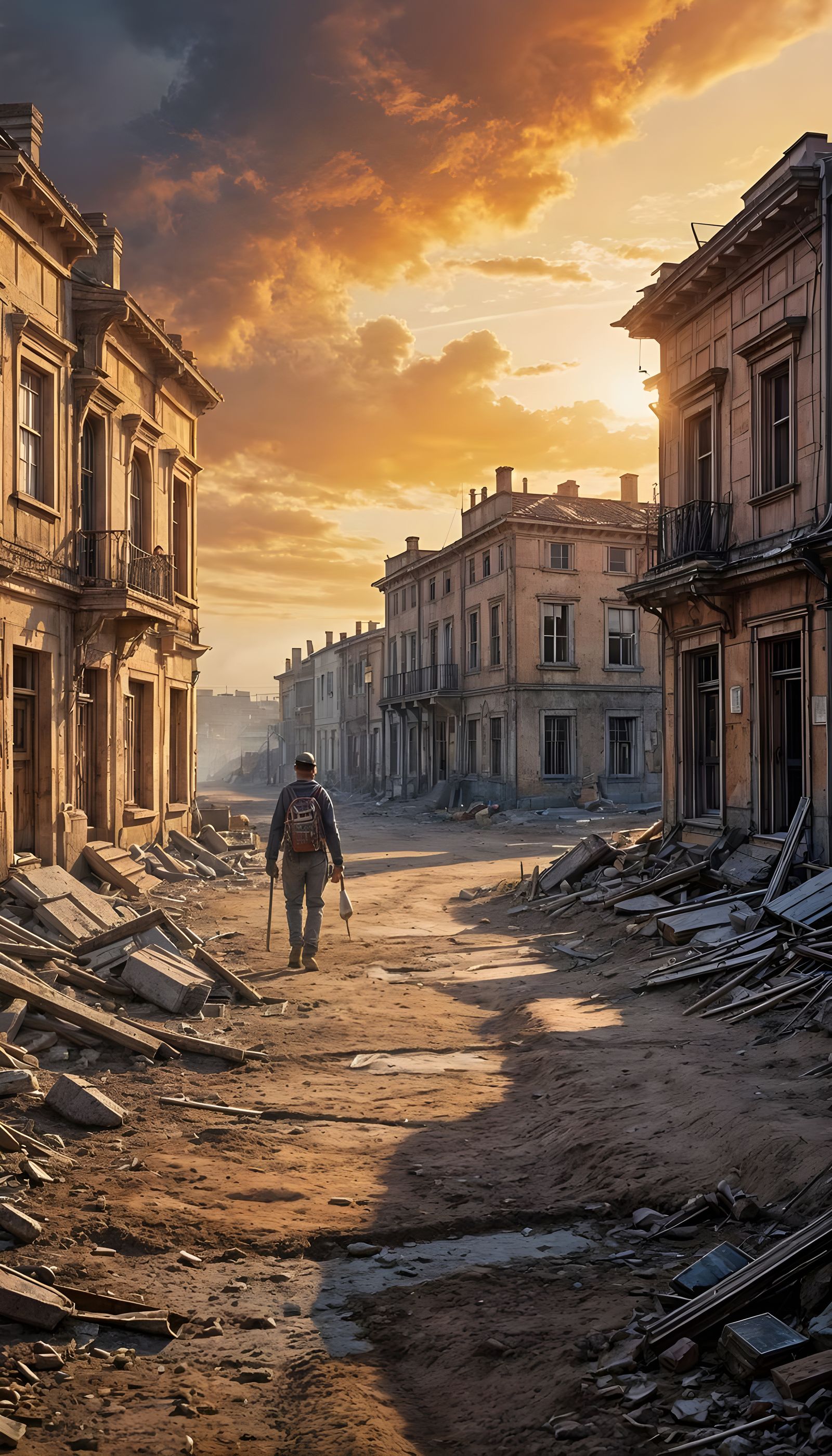 Lone Traveller in Abandoned Town at Sunset