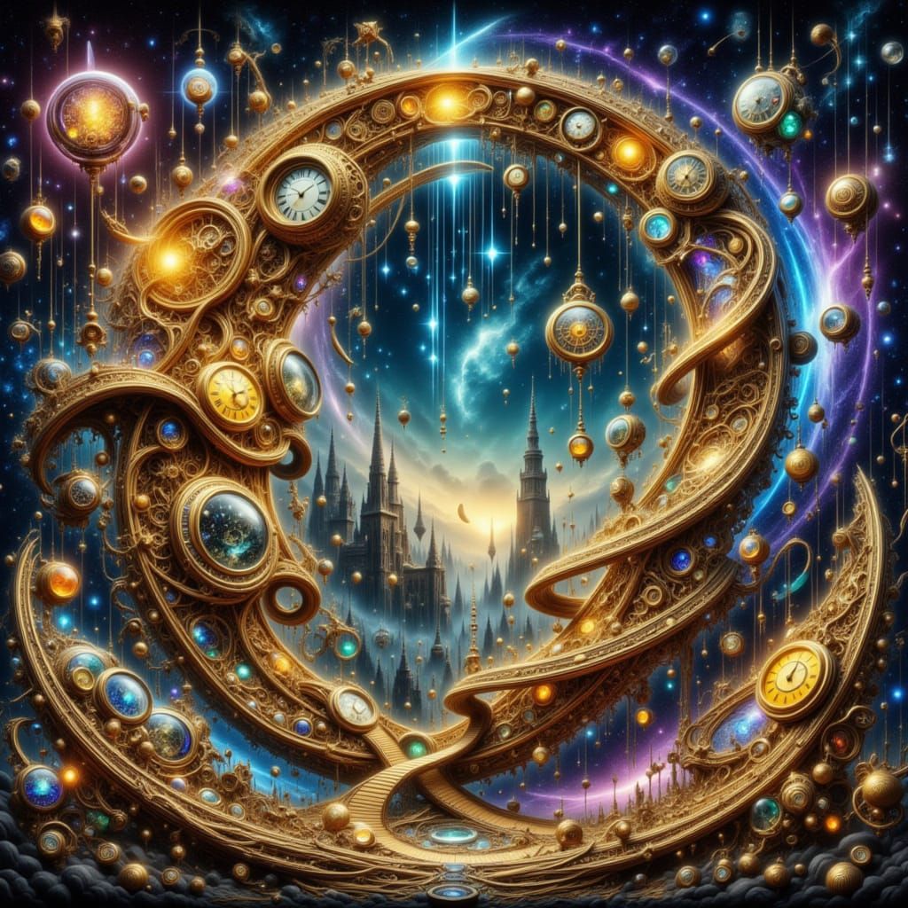 <lora:FiosCrescentMoons:1.0> <lora:FiosTimeWarp:1.0> A grand cosmic vista where time has fractured, depicted in an epic, surrealist oil pain...