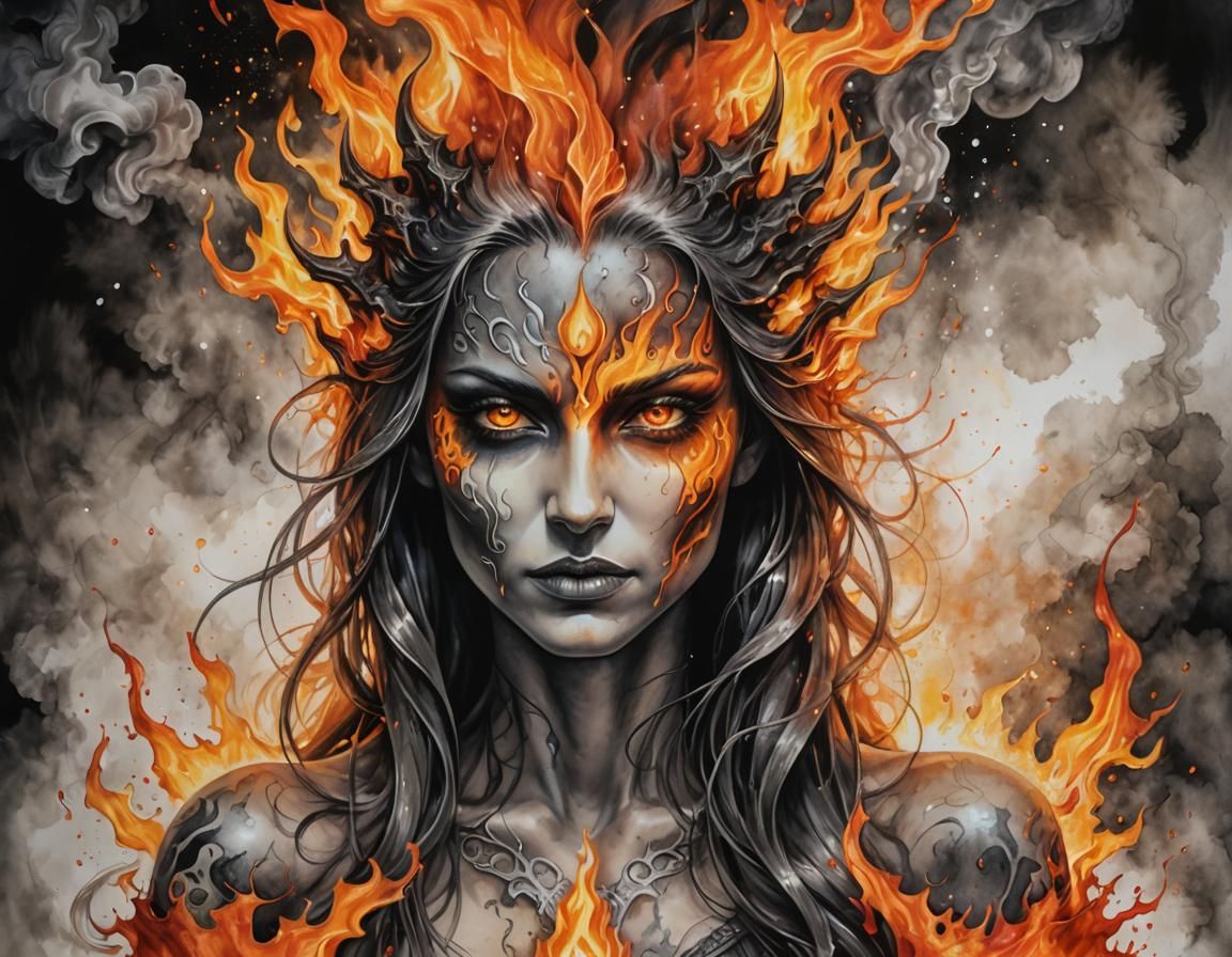 A fantasy portrait of a fire elemental, fire and liquid flame duality ...