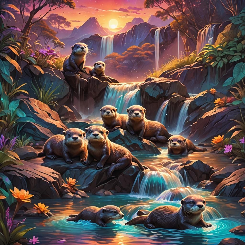 baby otters swimming by a waterfall at sunset - AI Generated Artwork ...