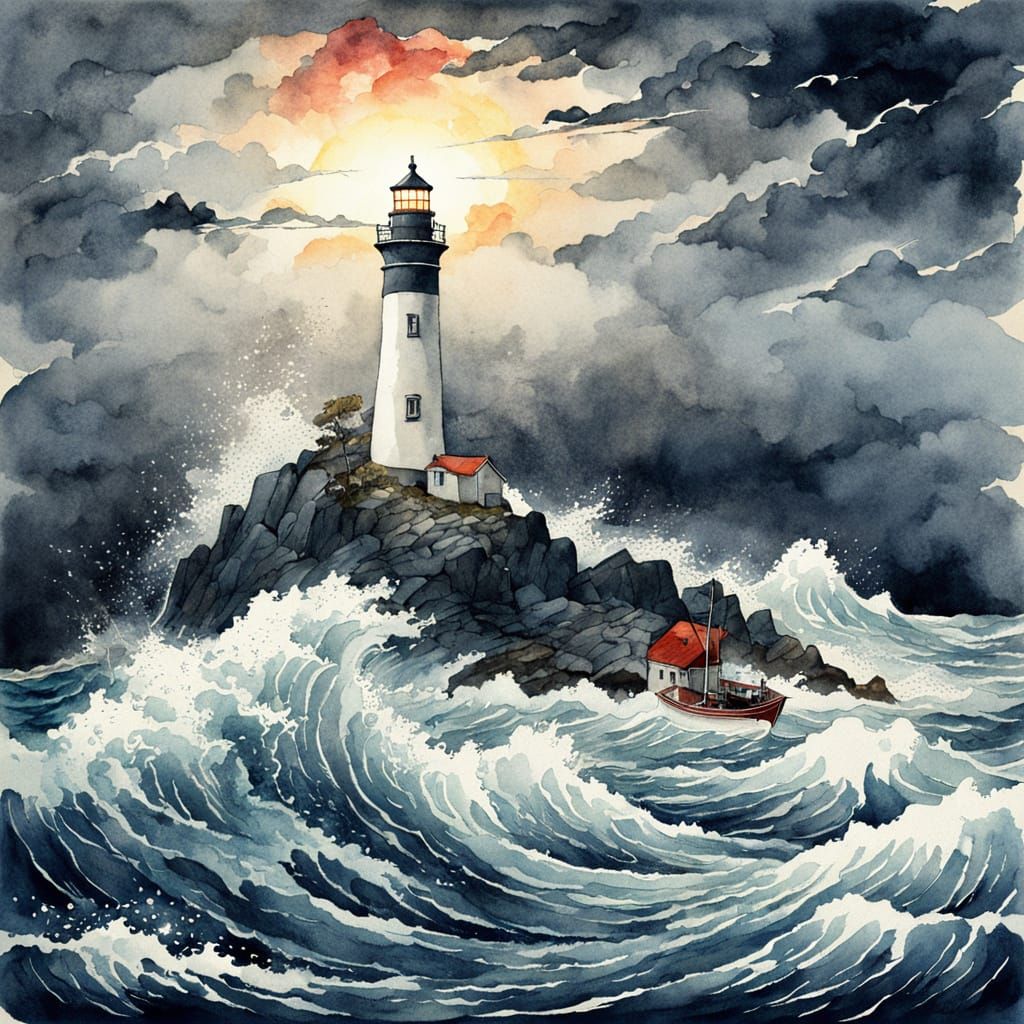 a lighthouse standing proud on a stormy rocky coast a bright beacon of hope in a terrifying situation, ...  by @whiterose