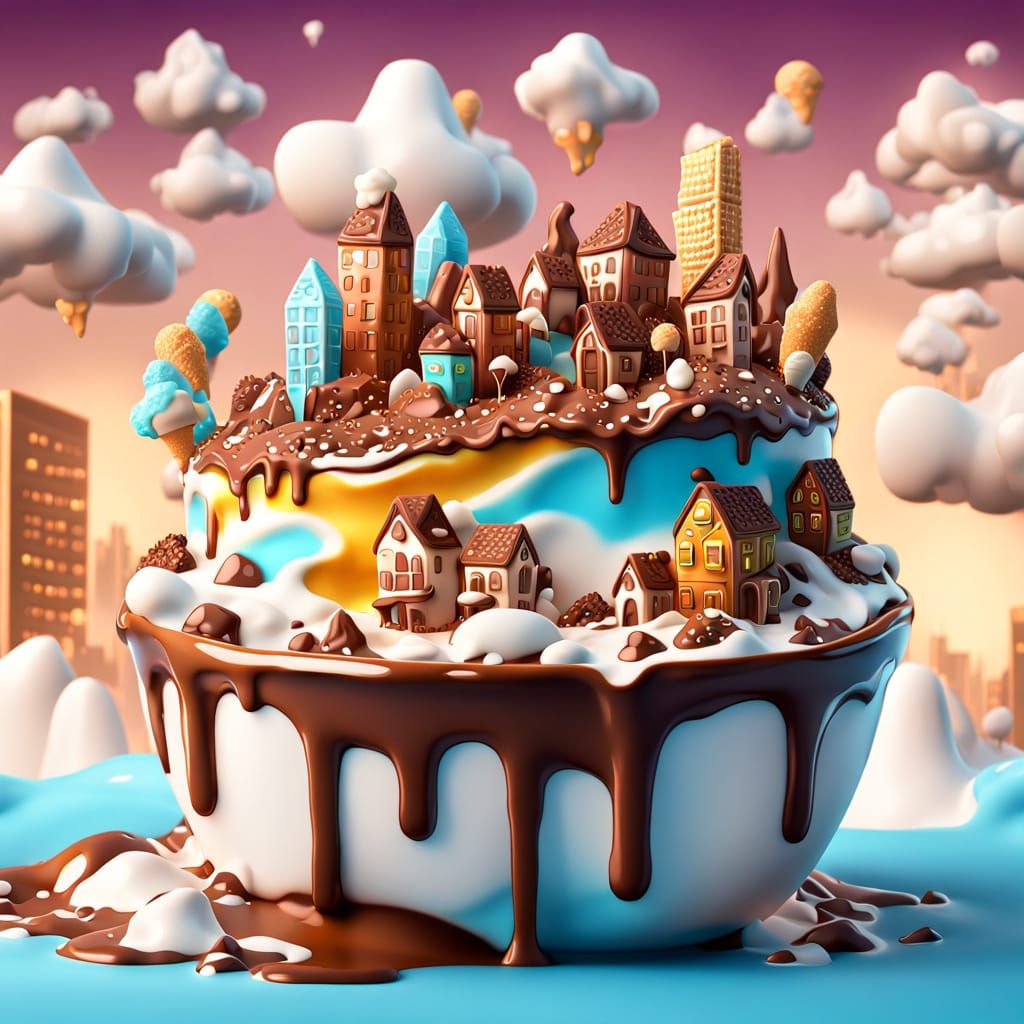 Cityscape crafted from milk chocolate and ice cream melting in a cup , wires dissolving , surreal and ...  by @KrystofM75