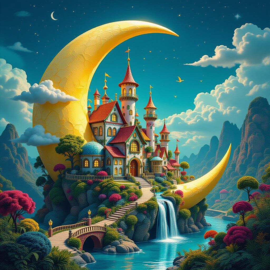 Psychedelic Crescent Moon Village in 8k Resolution