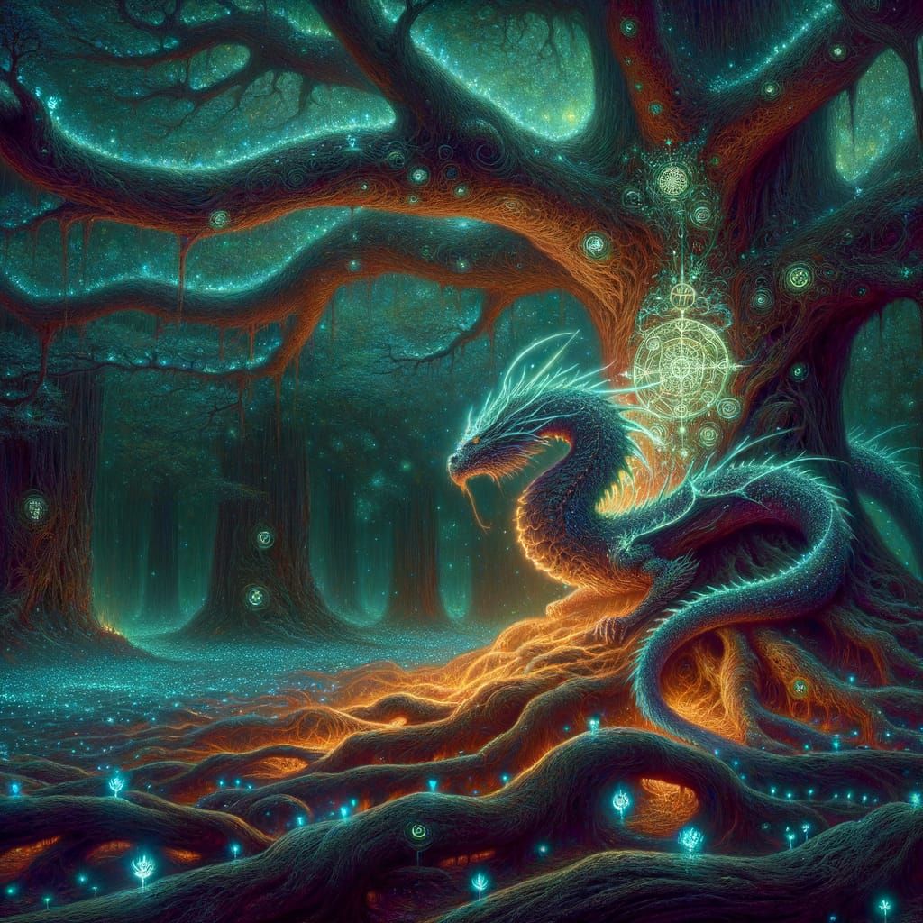 Imagine a bioluminescent dragon curled around the trunk of an ancient, colossal tree, its scales shimmering with an ethereal glow, its breat...