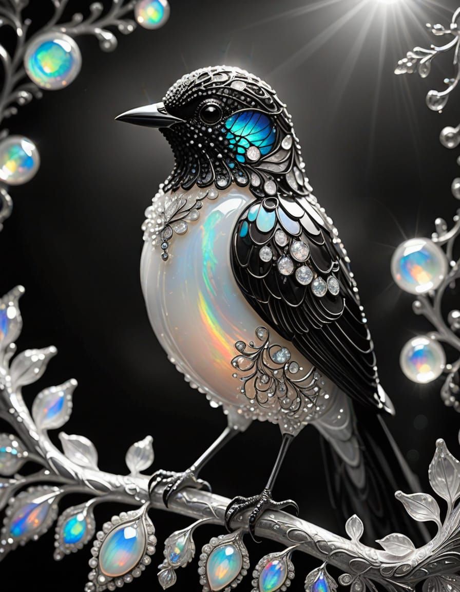 Black and white, Portrait of a sparkling beautiful perfectly detailed soft onyx black white opal bird!! ...  by @Anita Kenig