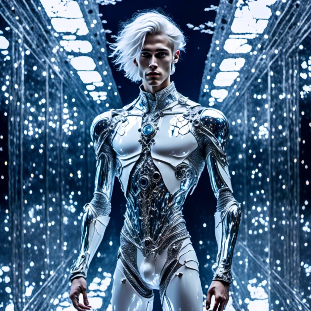 <lora:Spacescapes:1.0> Young cyborg man standing on metallic mirror surface, nebulae in background, white hair, part robot, handsome young f...