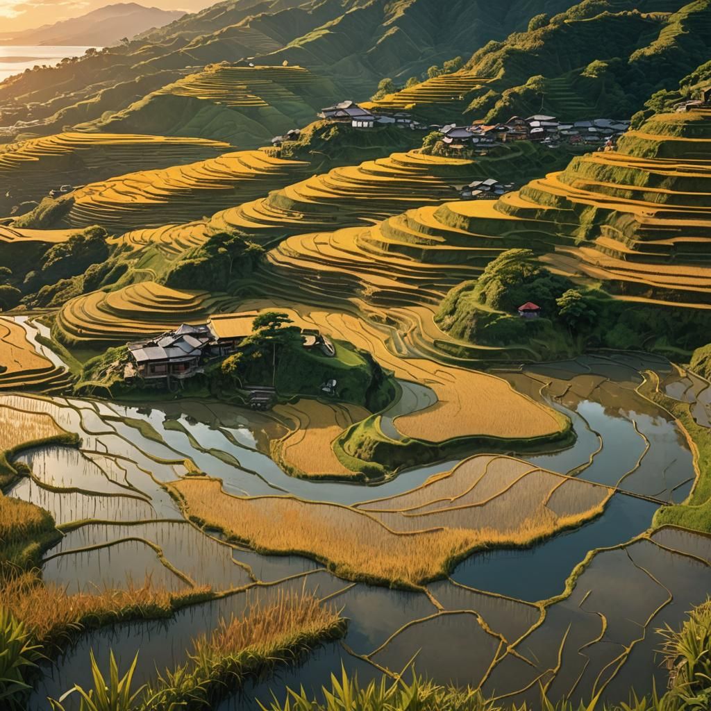 Golden Rice Terraces at Sunset: Fantasy Matte Painting