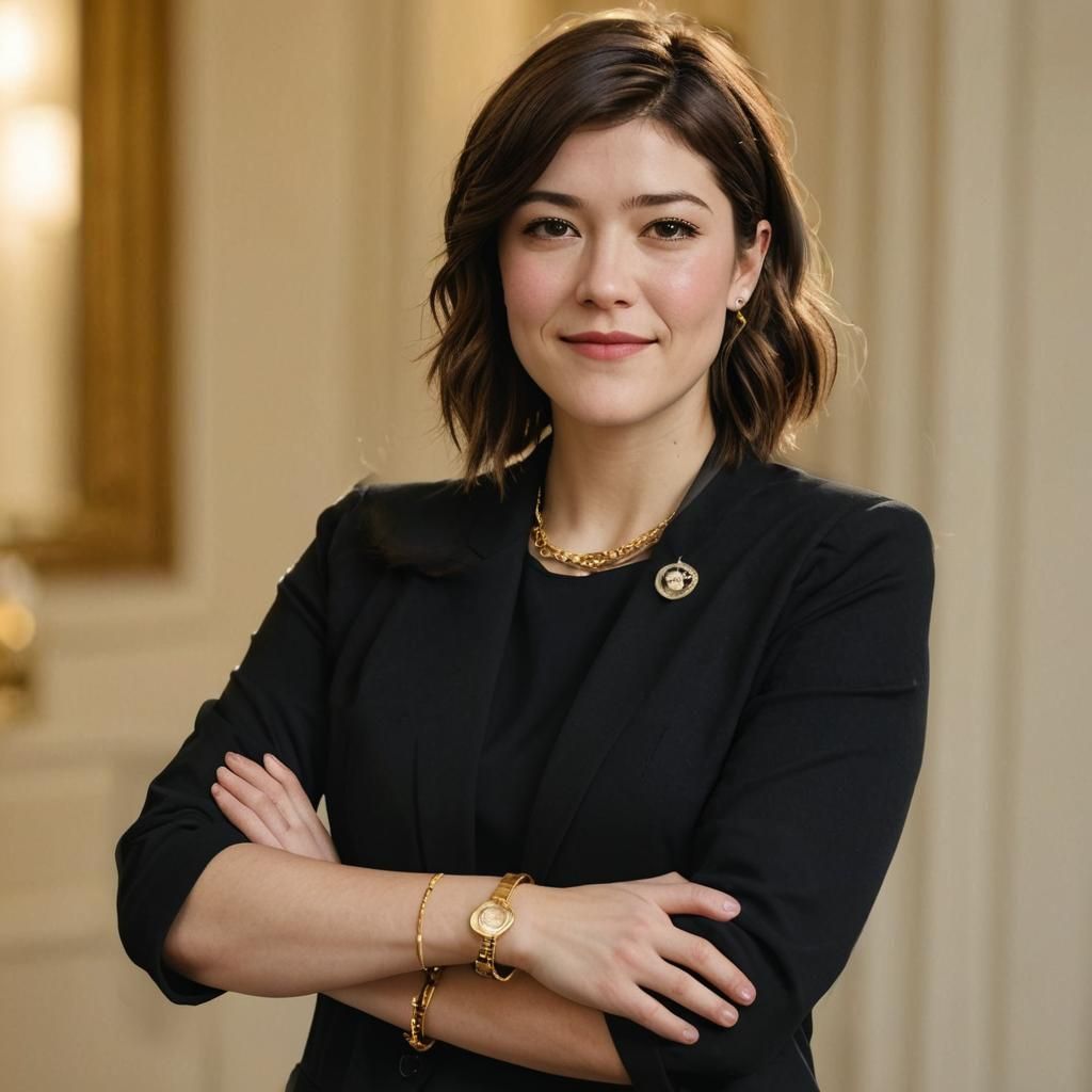 (concept: Mary Elizabeth Winstead as congresswoman), (arms crossed, smiling), black jacket, gold necklace, marble column background, professional photo...