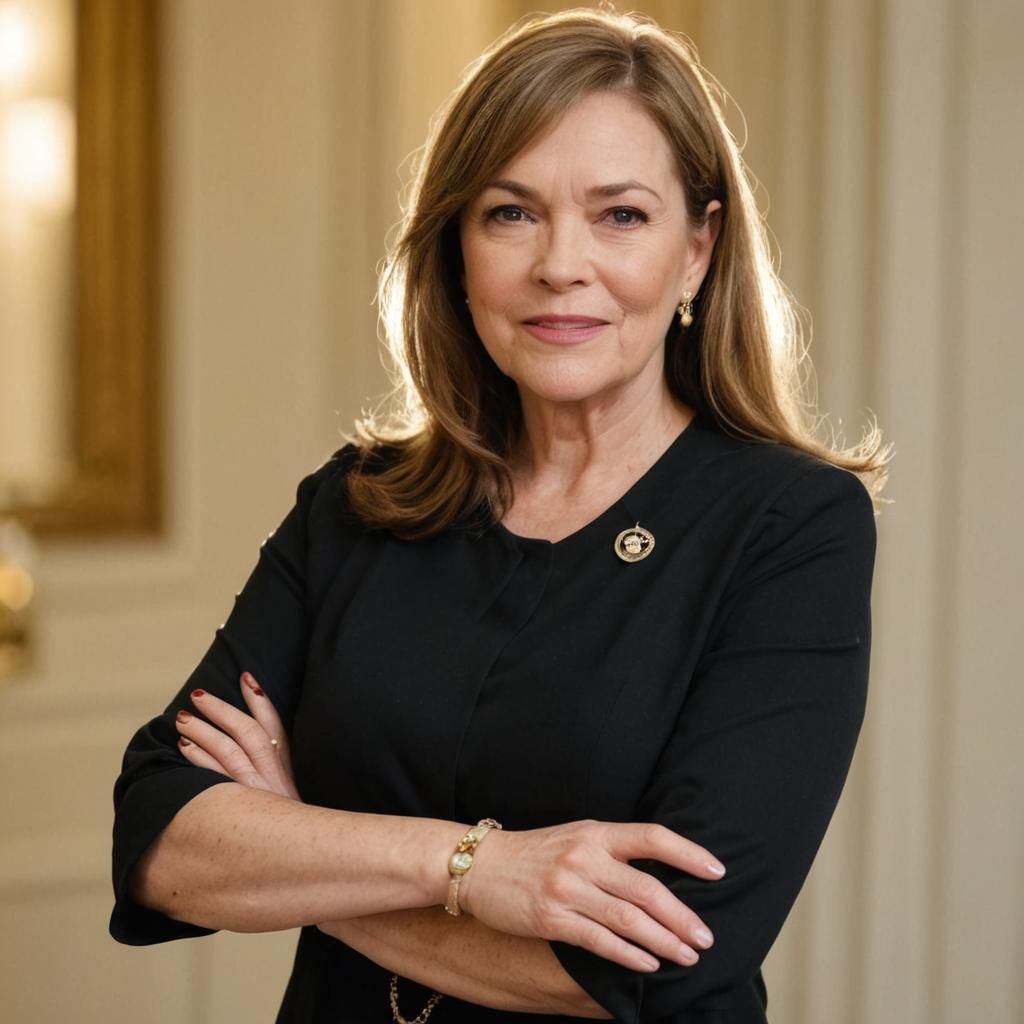 (concept: Kate Upton as congresswoman), (arms crossed, smiling), black jacket, gold necklace, marble column background, professional photo...