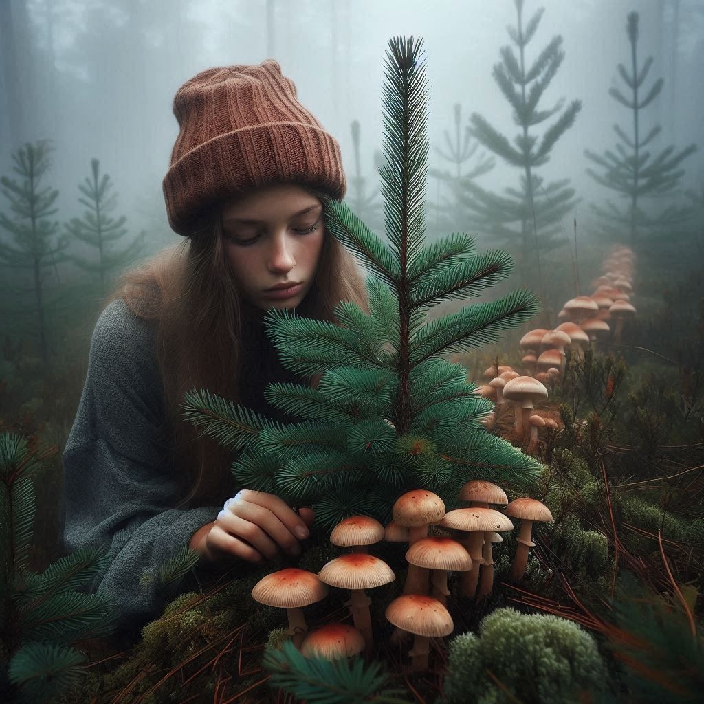 young pine trees... here and there crowds of butter mushrooms