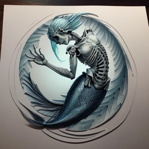 Create a detailed anatomical illustration of a mermaid skele...