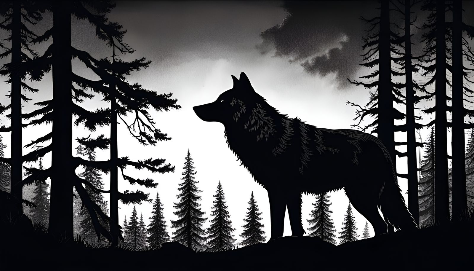 Silhouette of Wolf Against a Forest Sunset, black and white ...