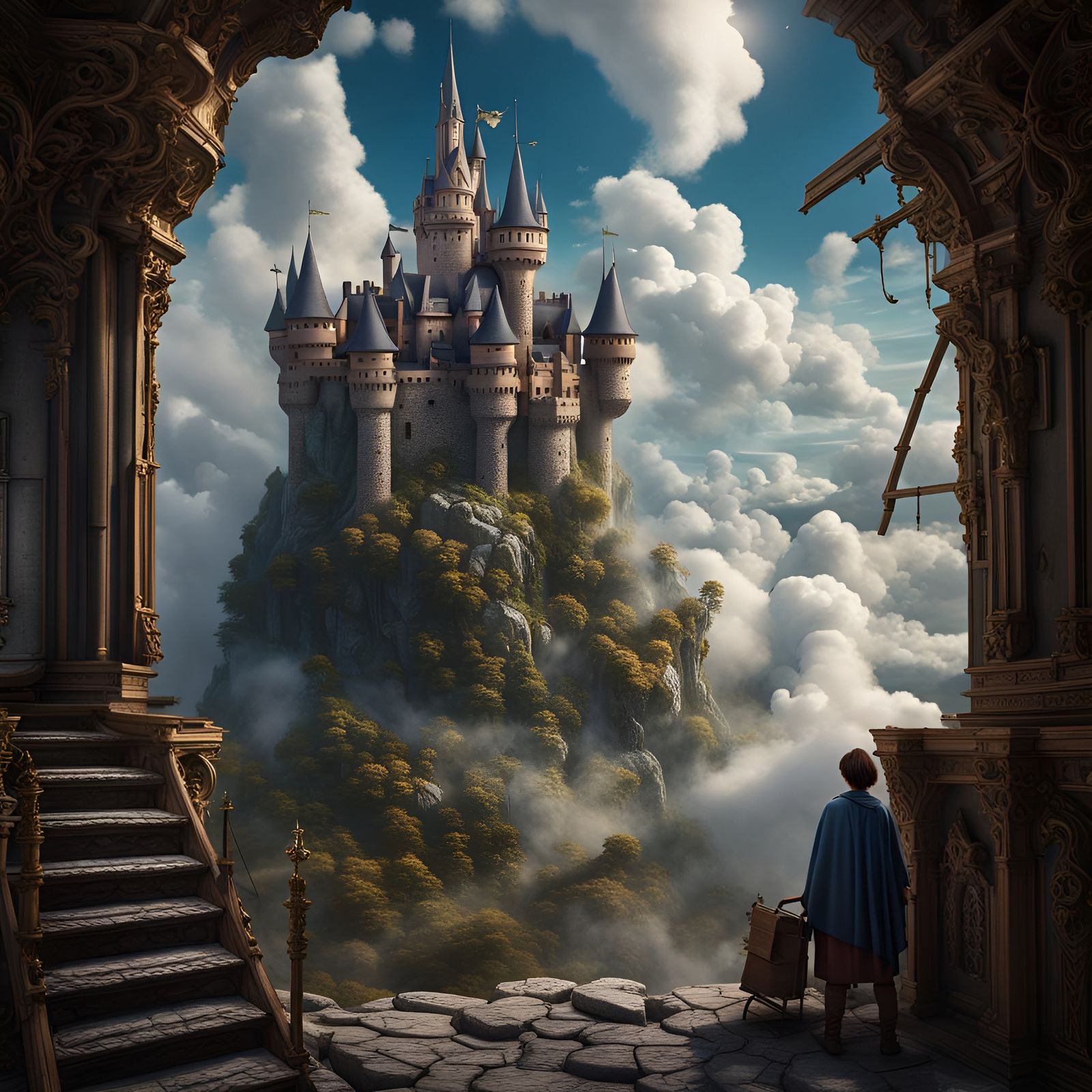 A wizard's castle in the sky on top of the cloud with a ladd...