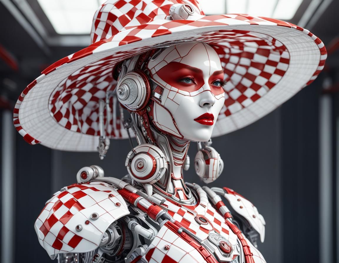 cyborg wearing a checked ensemble Plaid large brim sun hat - AI ...